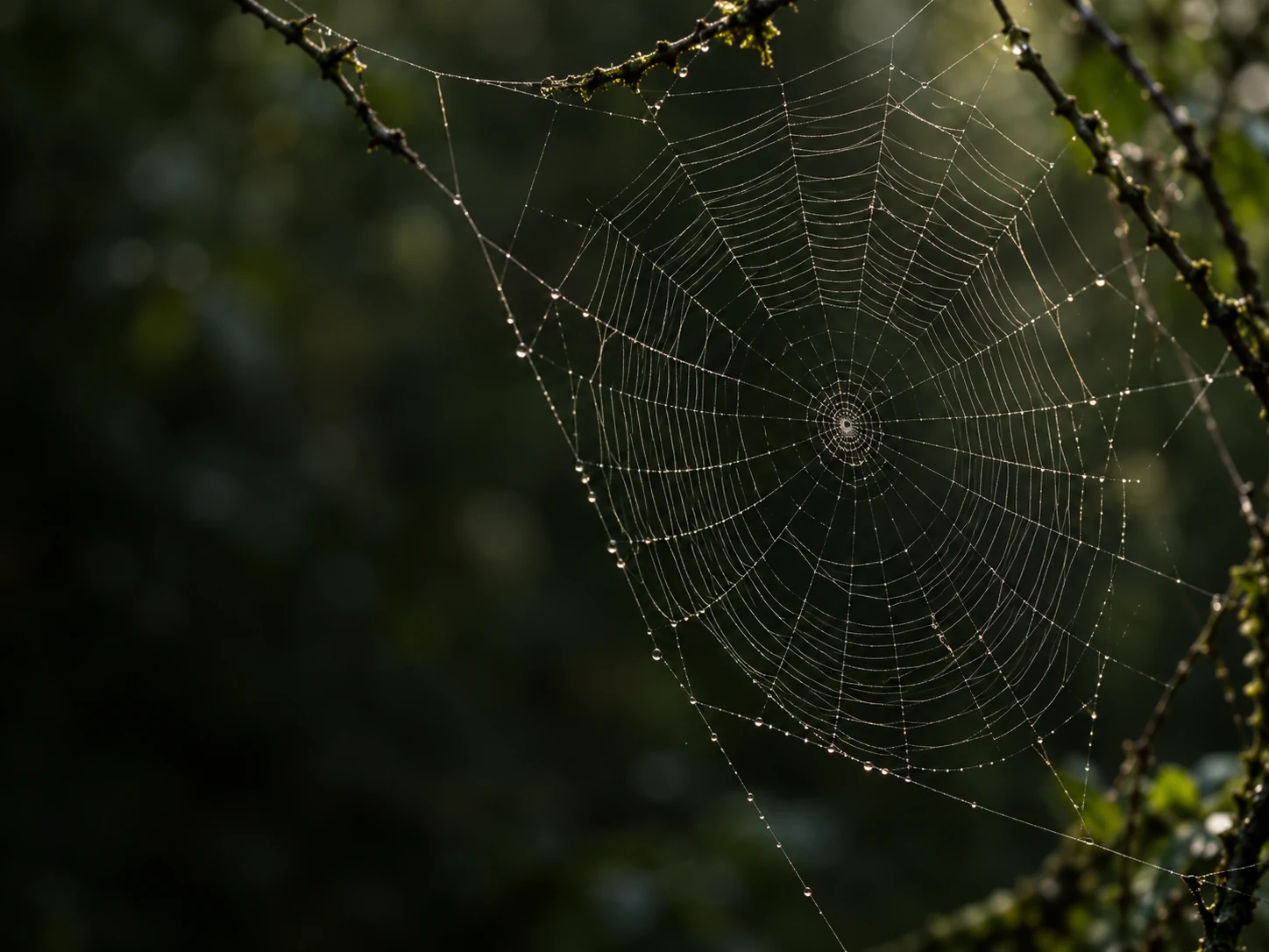 A delicate web suspended between branches in a shaded forest.