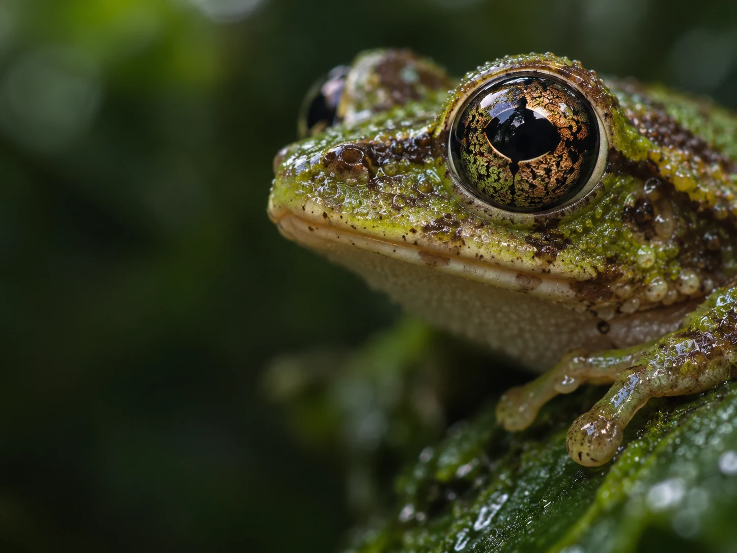 Close view of a tree frog and its intricately patterned eye.